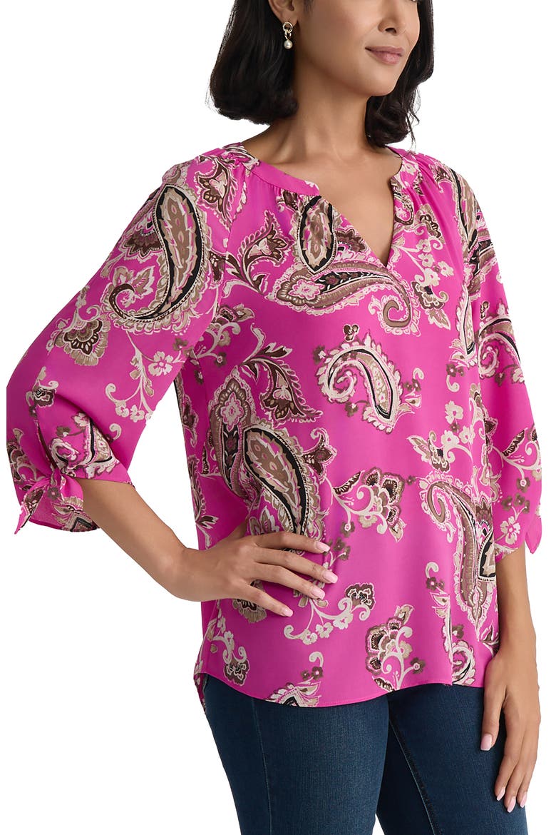 Paisley Split Neck Top with Tie Sleeves, Alternate, color, BRIGHT ORCHID MULTI
