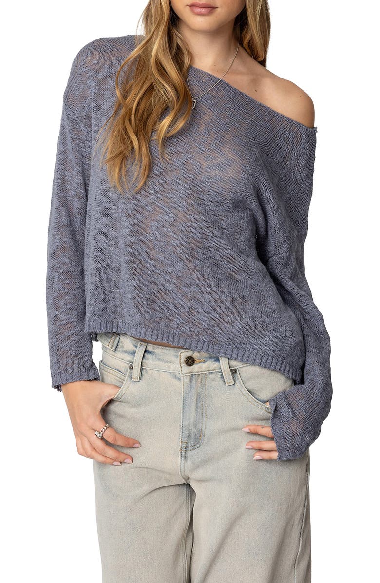 EDIKTED Bri One-Shoulder Open Stitch Sweater, Main, color, Blue