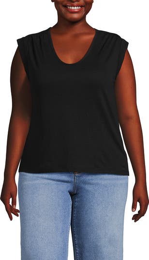 売れ筋商品|||ランズエンド カットソー トップス レディース Plus Size Linen Blend Cap Sleeve Gathered Shoulder Tee Ivory Lands' End Linen Blend Cap Sleeve Gathered Shoulder Tee