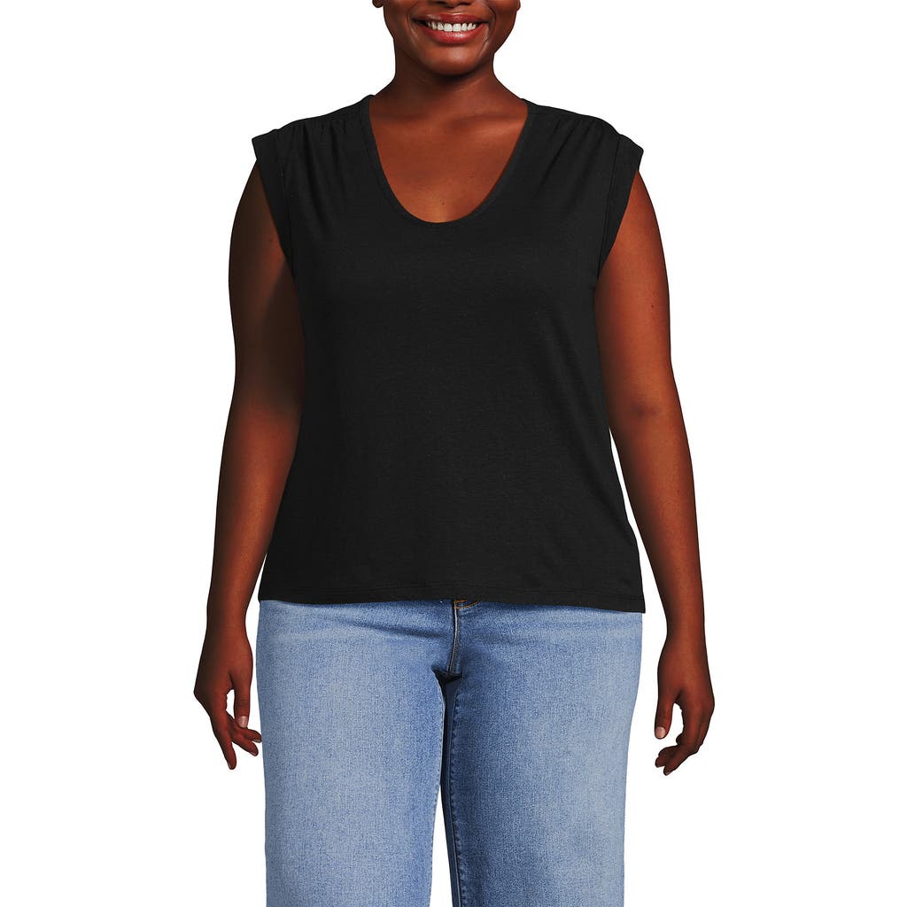 Lands' End Linen Blend Cap Sleeve Gathered Shoulder Tee