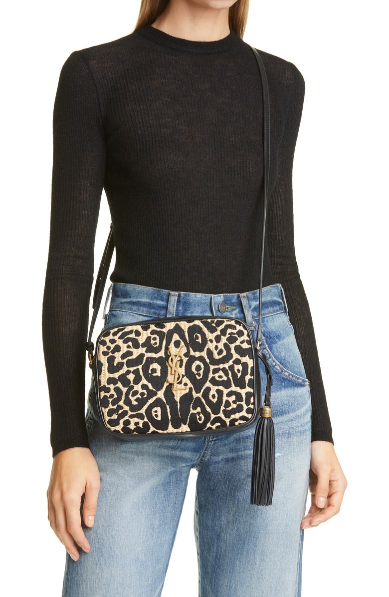 Saint Laurent Medium Lou Jaguar Pattern Raffia Camera Bag, Alternate, color,