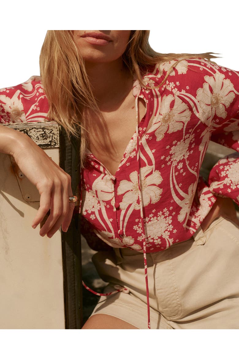 Floral Tie Neck Long Sleeve Blouse, Alternate, color, Red