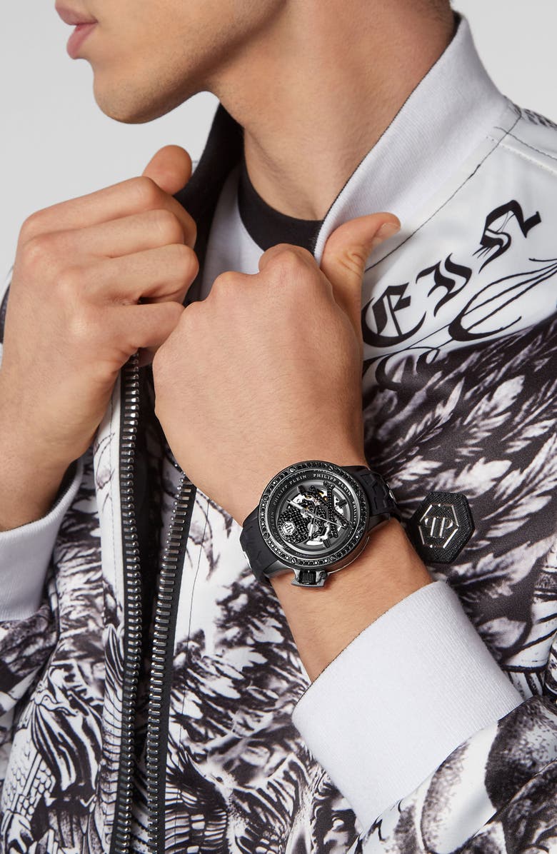 PHILIPP PLEIN Rich Skeleton Automatic Silicone Strap Watch, 46mm, Alternate, color,