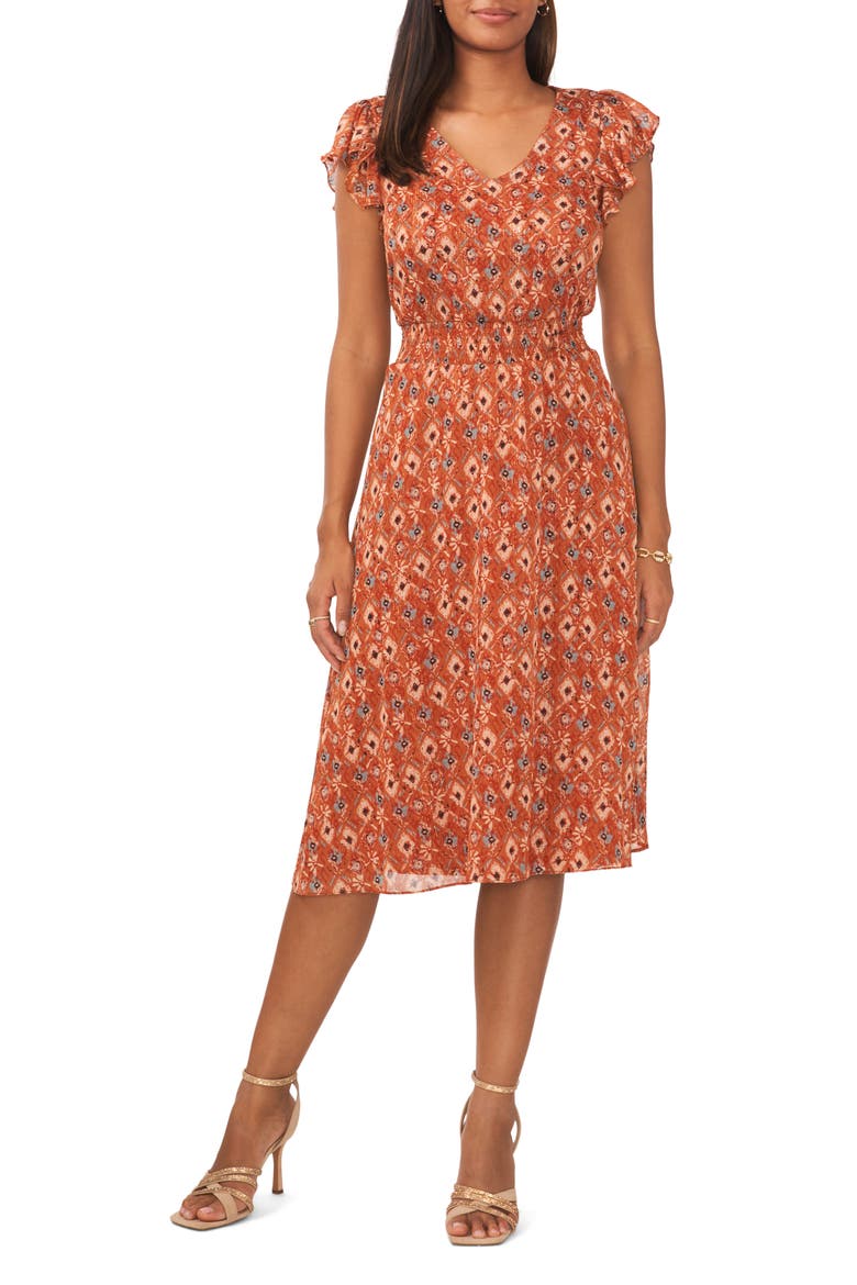 Tile Print Smock Waist Flutter Sleeve Midi Dress, Main, color, RUST/ SKY BLUE 237