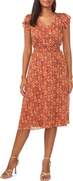 Chaus Tile Print Smock Waist Flutter Sleeve Midi Dress