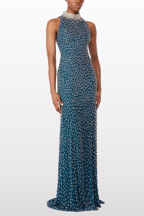 Jenny Packham Sisley High-neck Embellished Maxi Dress In Blue