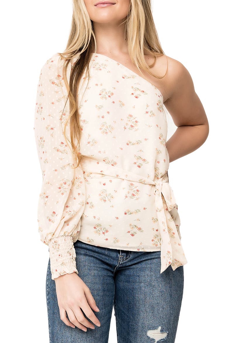 Floral One-Shoulder Blouse, Main, color, BEIGE DOT PRT