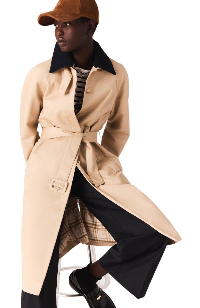 maje Contrast sleeve and collar trench, Alternate, color, Beige