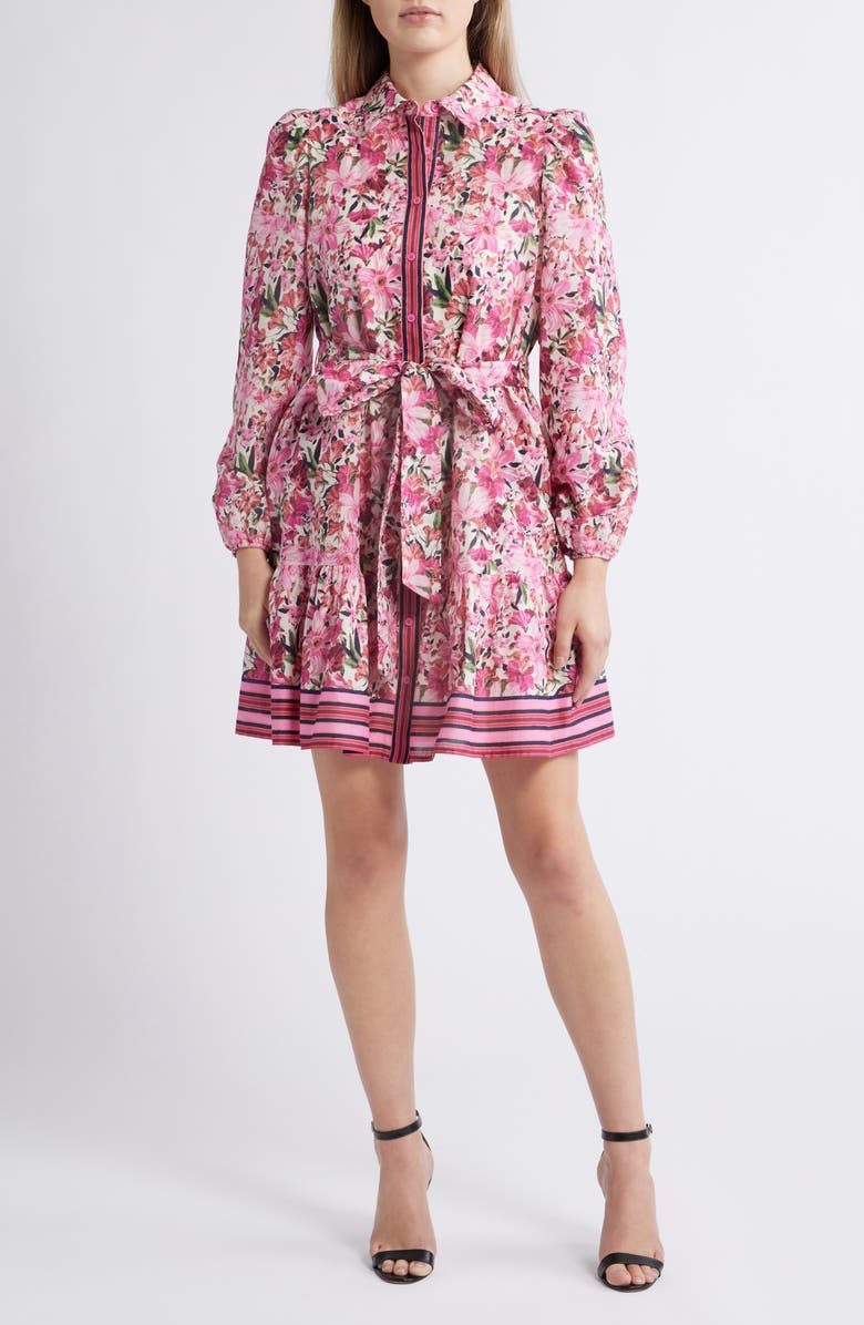 Anne Klein Floral Print Tie Waist Long Sleeve Shirtdress, Main, color, 