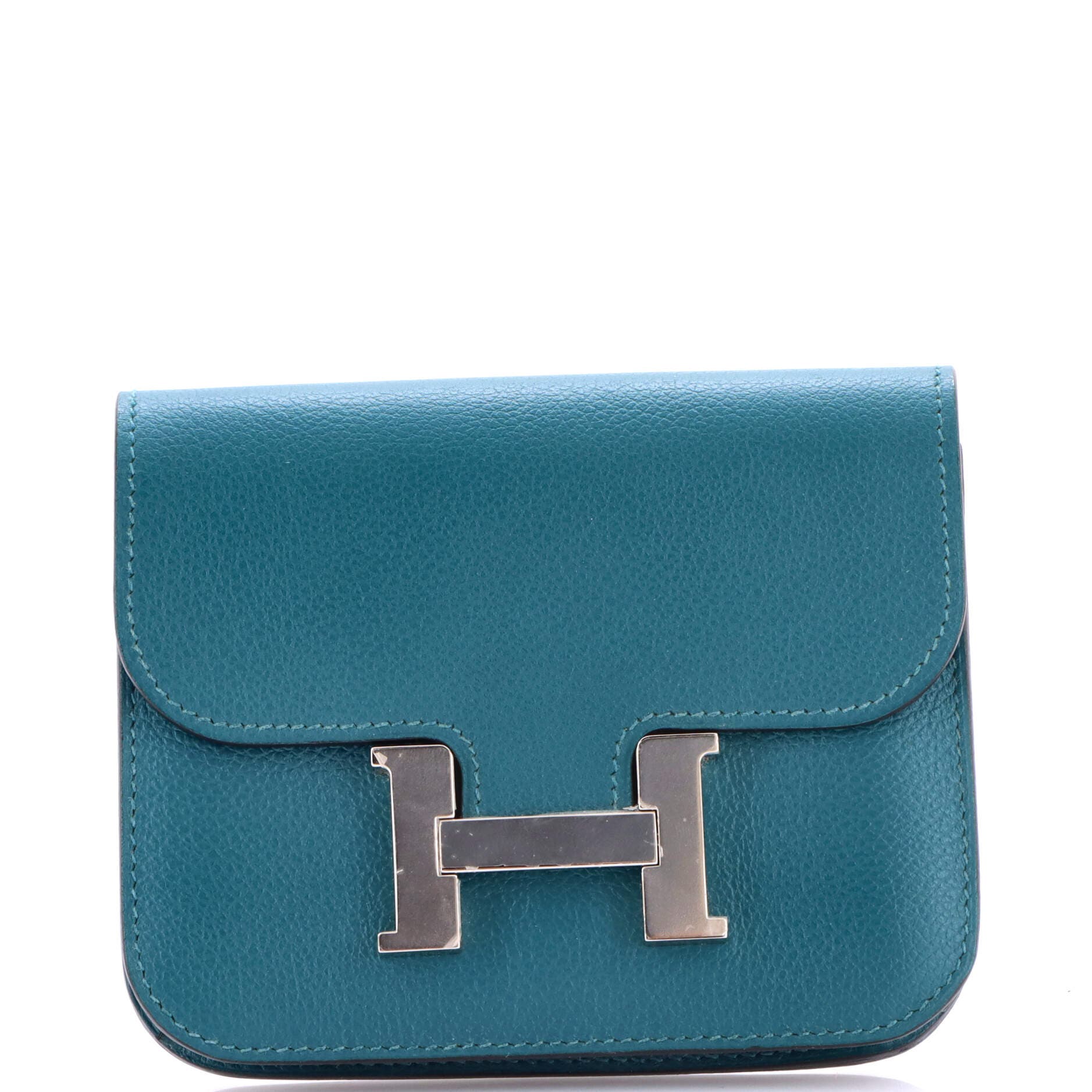 Pre-Owned Hermes Constance Slim Wallet Evercolor, Main, color, Vert Bosphore