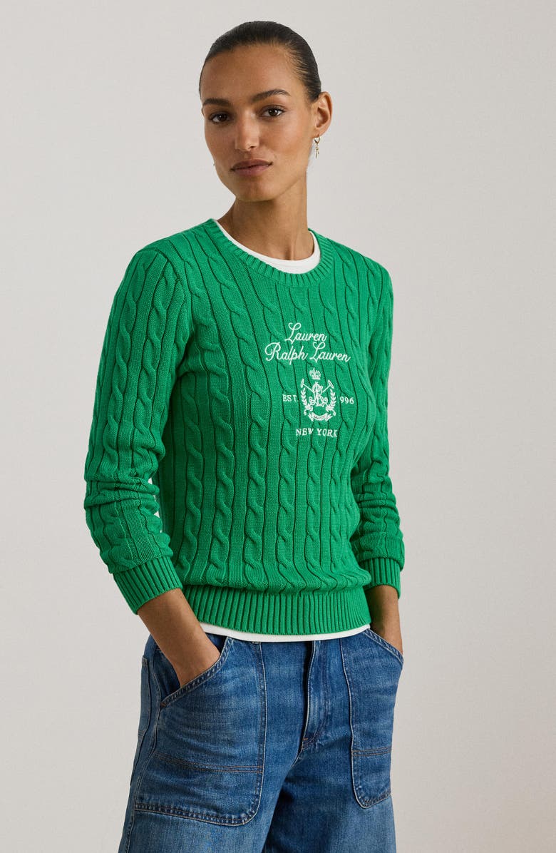 Lauren Ralph Lauren Embroidered Crest Cable Sweater, Alternate, color, Stem Green