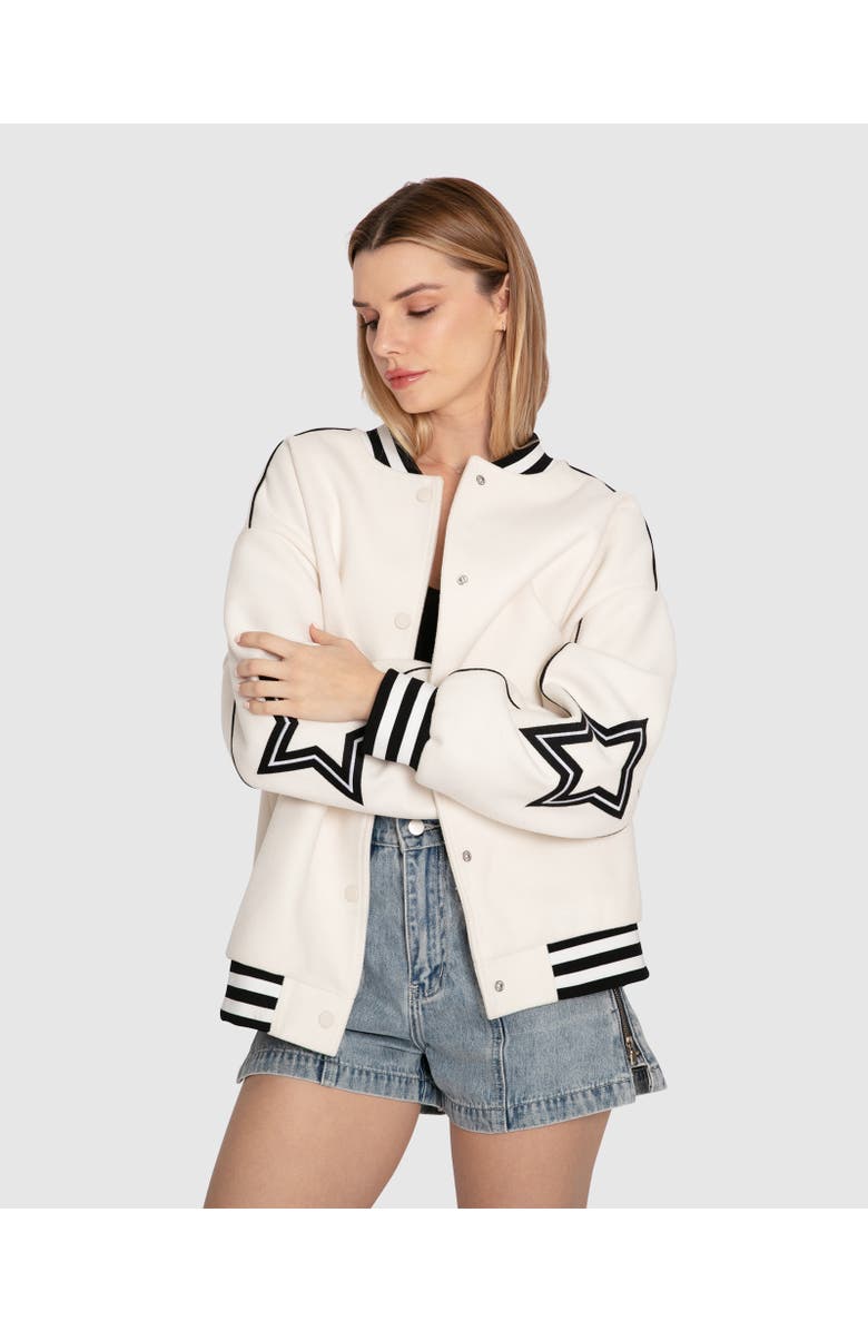 Belle & Bloom Hold Me Close Letterman Bomber, Alternate, color, White