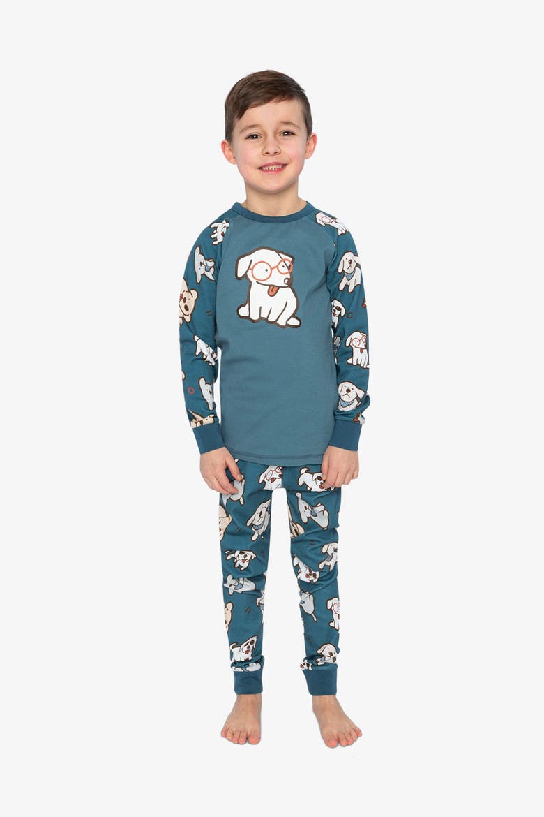 Dog Organic Cotton Top Pants Two Piece Pajama Set, Alternate, color, Turquoise Printed Dogs
