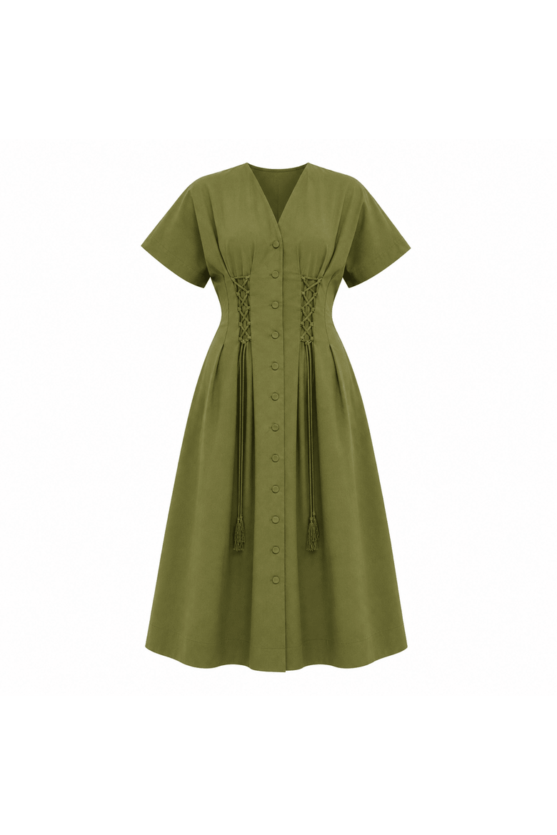 Andree V Neck Tie Waist Pocket Midi Dress, Alternate, color, Khaki