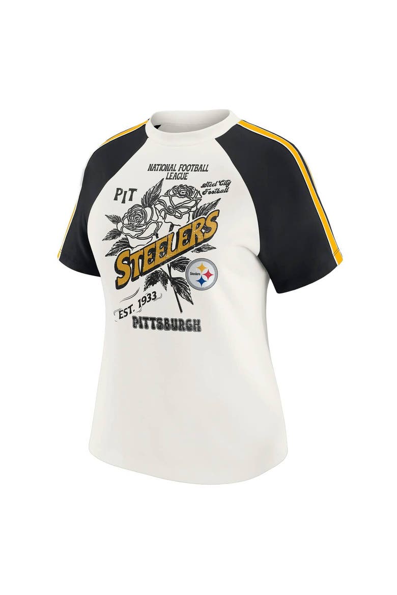 Women's WEAR by Erin Andrews White Pittsburgh Steelers Sleeve Stripe Distressed Raglan T-Shirt, Alternate, color, White
