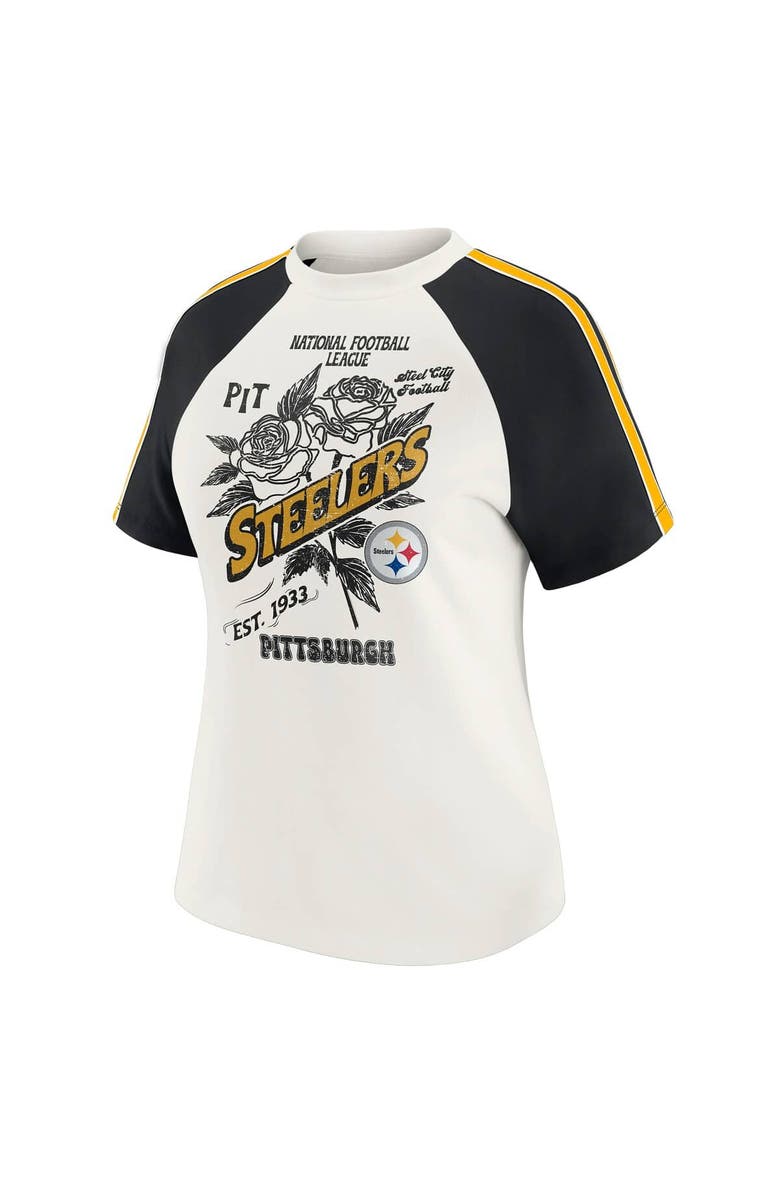WEAR by Erin Andrews Women's WEAR by Erin Andrews White Pittsburgh Steelers Sleeve Stripe Distressed Raglan T-Shirt, Alternate, color, White