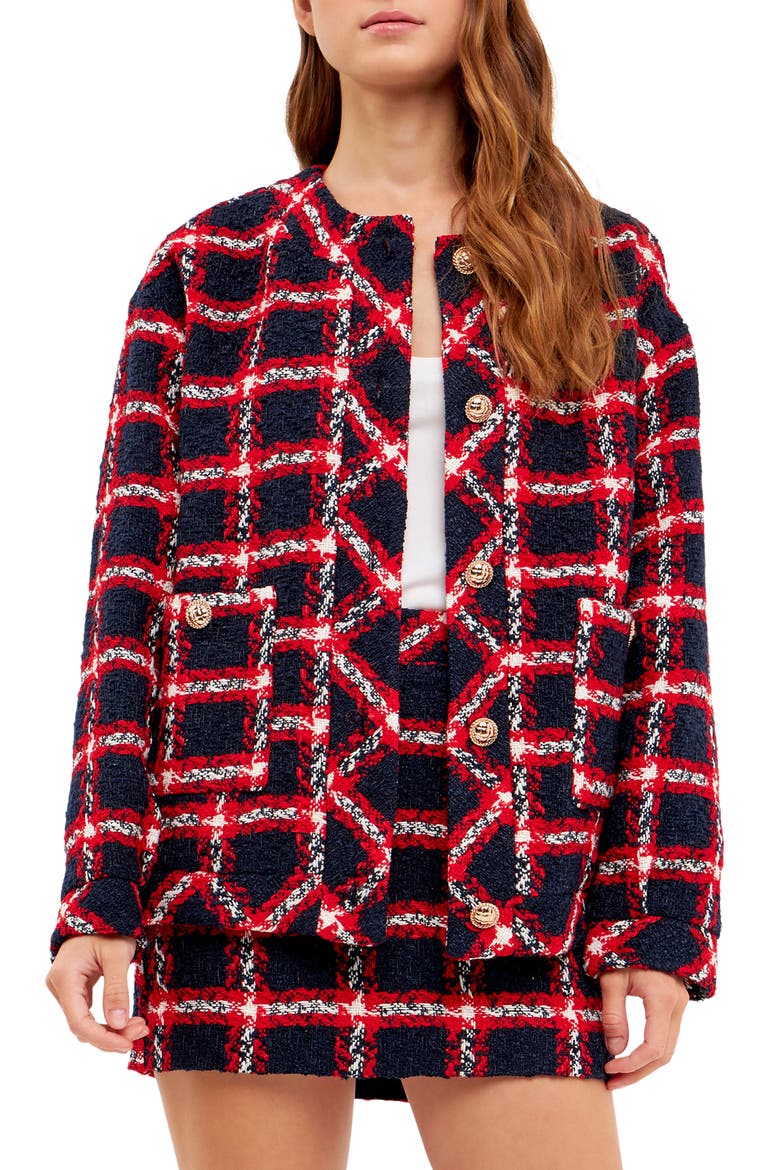 Plaid Bouclé Tweed Jacket, Main, color, NAVY