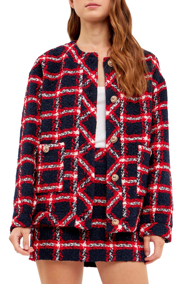 English Factory Plaid Bouclé Tweed Jacket, Main, color, Navy