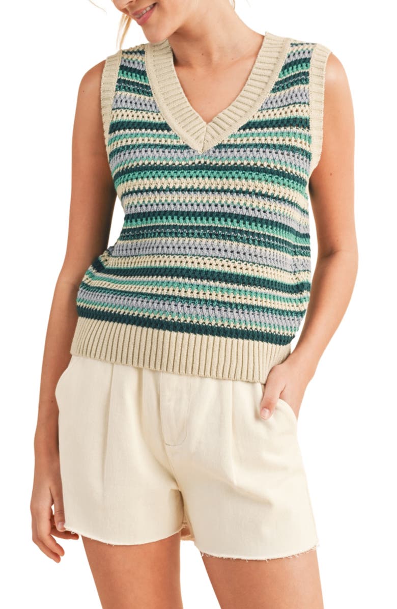 WISHLIST Stripe Open Knit V-Neck Sweater Vest, Main, color, Teal Multi
