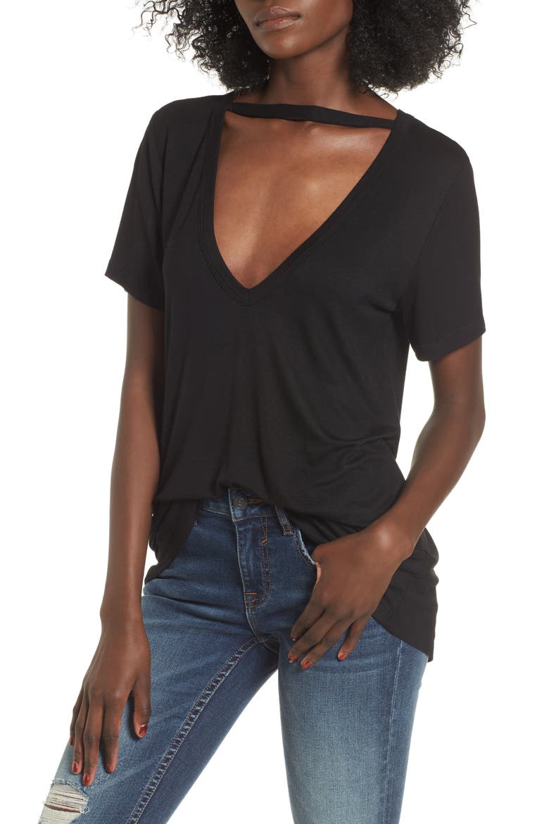 Cutout Choker Tee, Main, color, BLACK