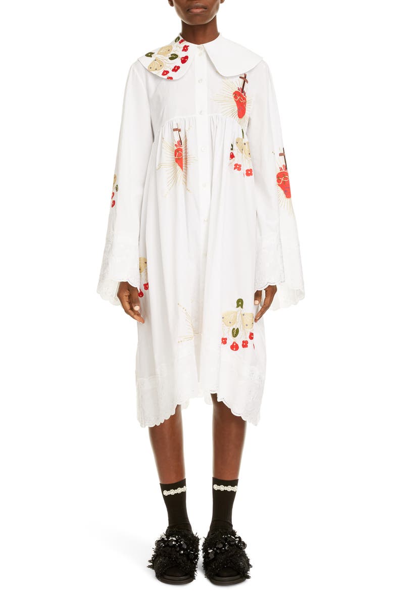Embroidered Long Sleeve Cotton Dress, Main, color, WHITE