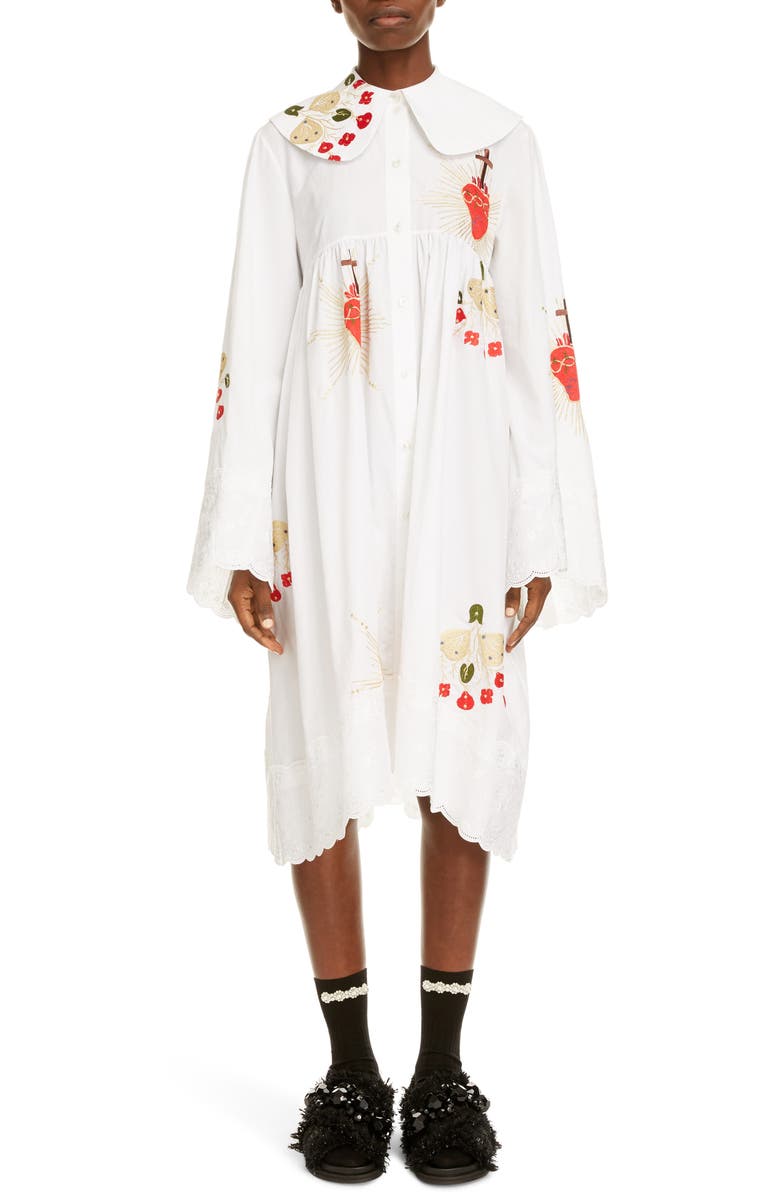 Simone Rocha Embroidered Long Sleeve Cotton Dress, Main, color,