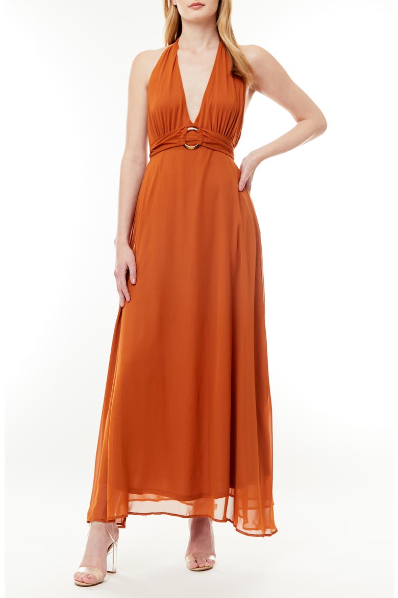 Soho Belted Halter Maxi Dress, Main, color, PRALINE LEATHER BROWN