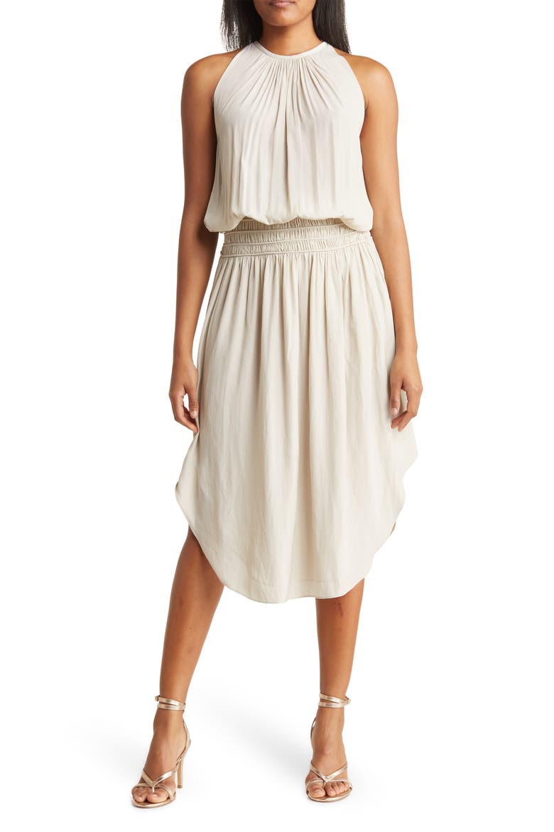 Audrey Smocked Waist Sleeveless Midi Dress, Main, color, SANDSTONE