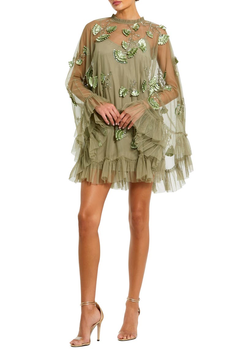 Embellished Long Sleeve Trapeze Dress with Ruffle Hem, Main, color, Sage