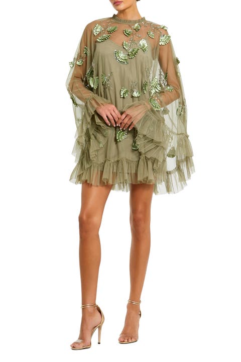 Embellished Long Sleeve Trapeze Dress with Ruffle Hem