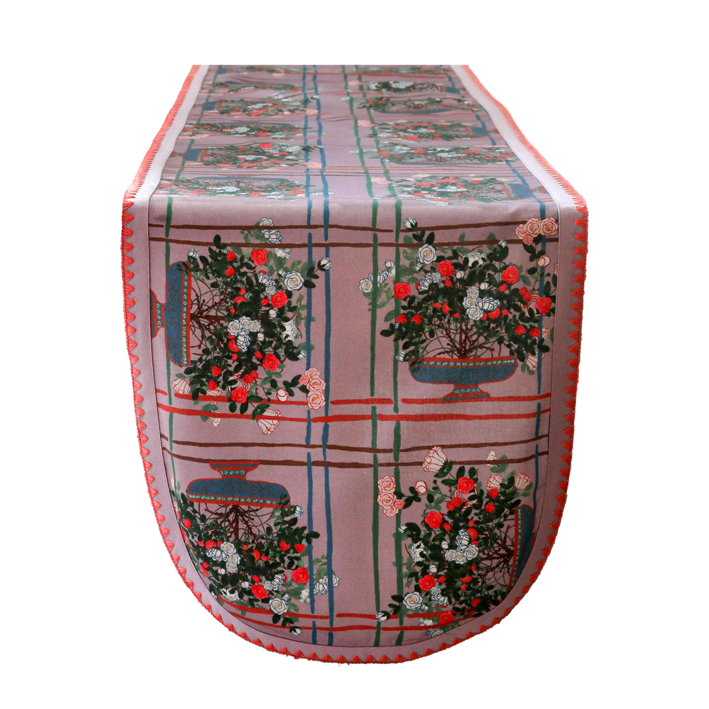 Sophie Williamson Design Pink Large Table Runner In Dusty Lilac With Romantic Roses And Bold Lines In Pink