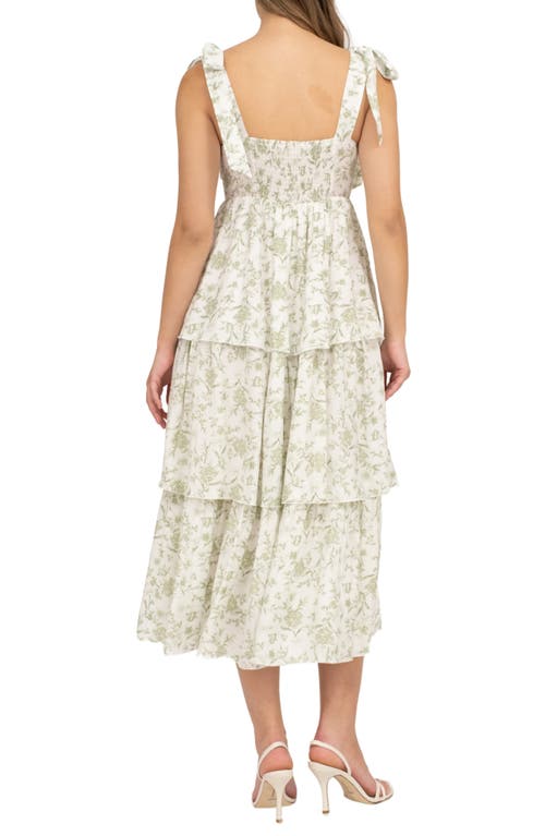 August Sky Floral Empire Waist Tiered Midi Dress In Sage Multi