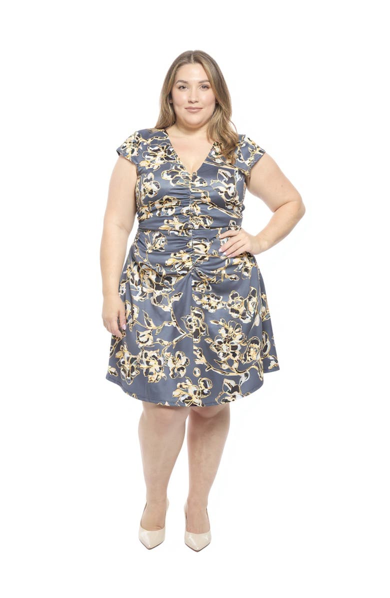 24seven Comfort Apparel Plus Size Floral V-Neck Cap Sleeve Ruched Front Knee Length Dress, Main, color, Grey Multi