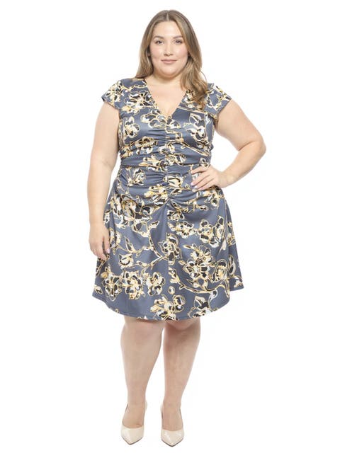 Plus Size Floral V-Neck Cap Sleeve Ruched Front Knee Length Dress