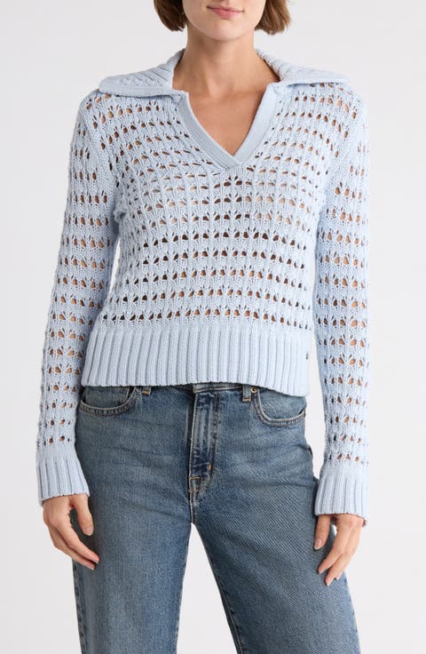Johnny Collar Open Stitch Cotton Blend Sweater