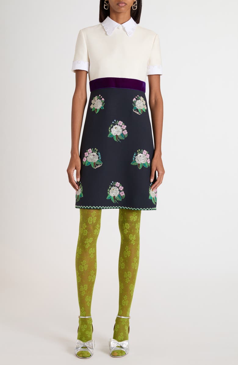 Valentino Garavani Floral Beaded Mixed Media Dress, Main, color, Ivory/ Blue