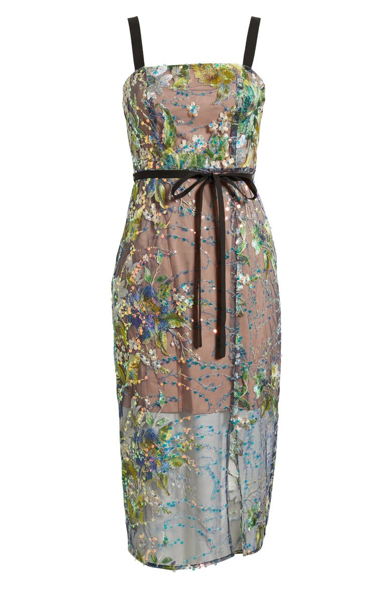 Embroidered Floral Sequin Cocktail Dress, Alternate, color, GREEN MULTI