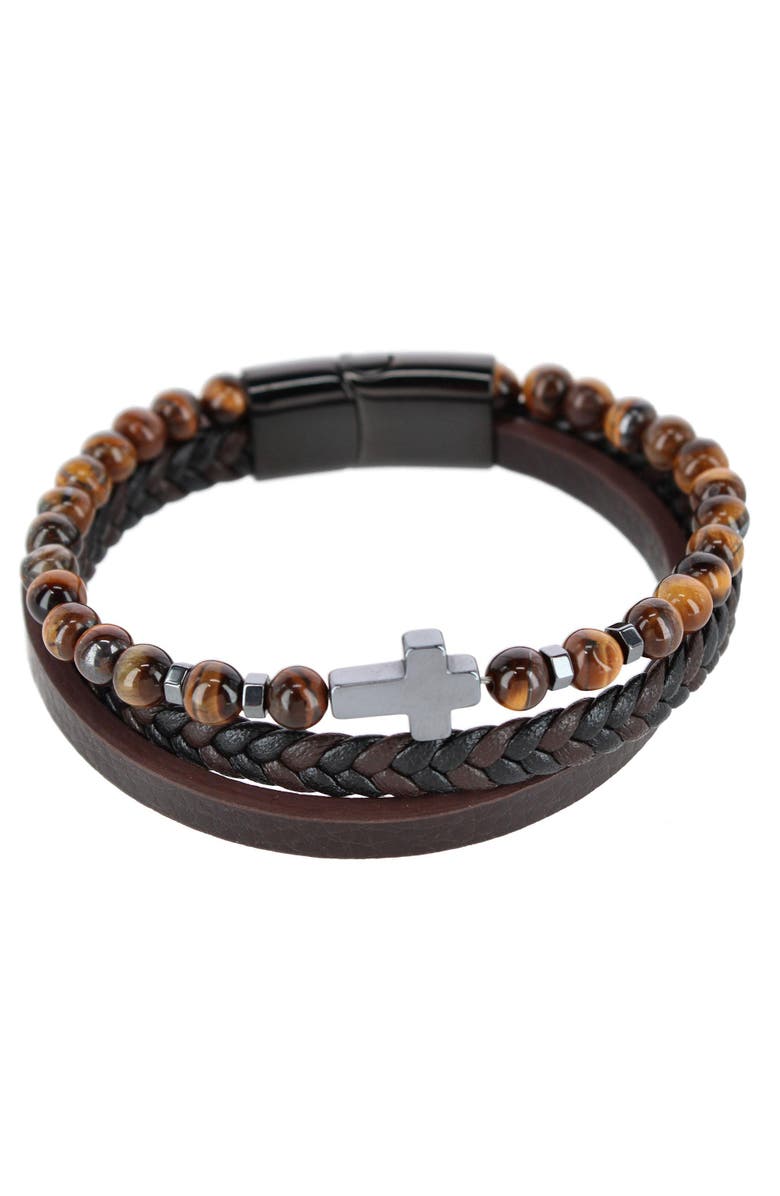 Trafalgar The Sovereign Cross Tri-Stranded Leather Bracelet, Main, color, Brown