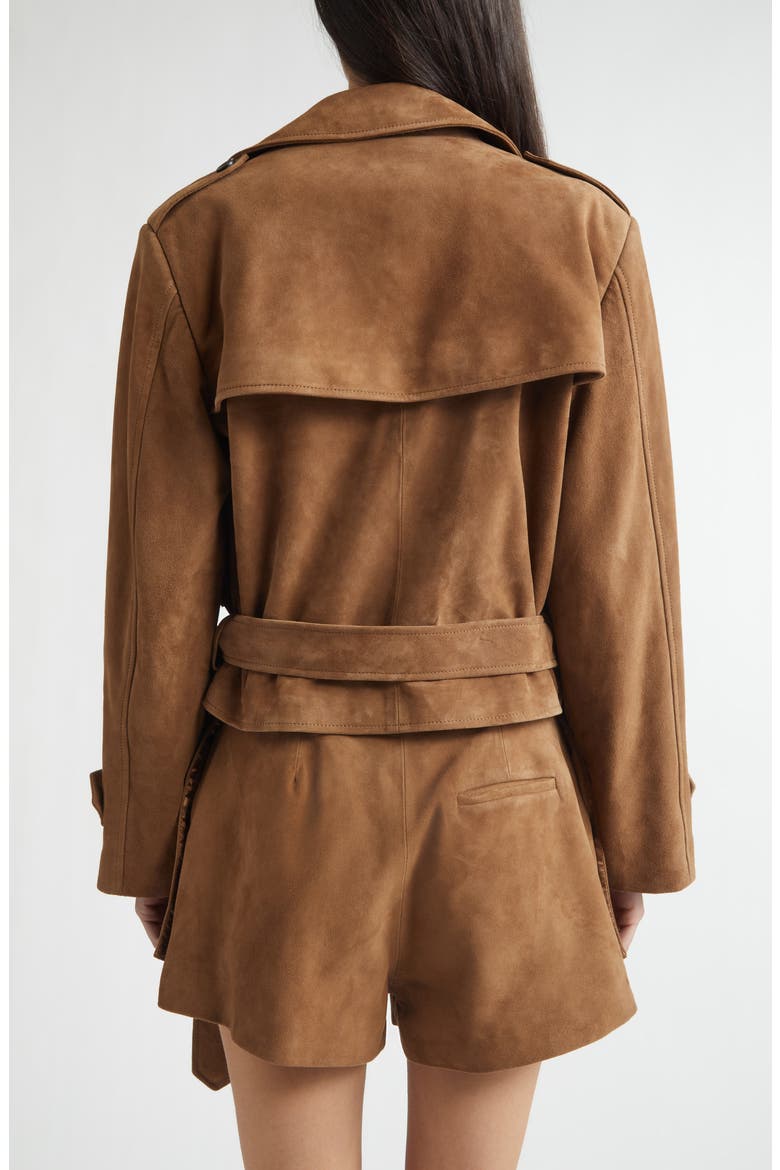 Layering Double Breasted Lambskin Suede Crop Trench Coat, Alternate, color, TAN