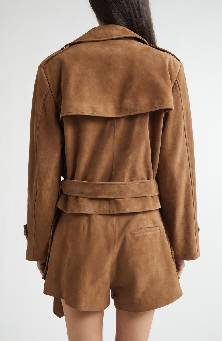 MONSE Layering Double Breasted Lambskin Suede Crop Trench Coat, Alternate, color, Tan
