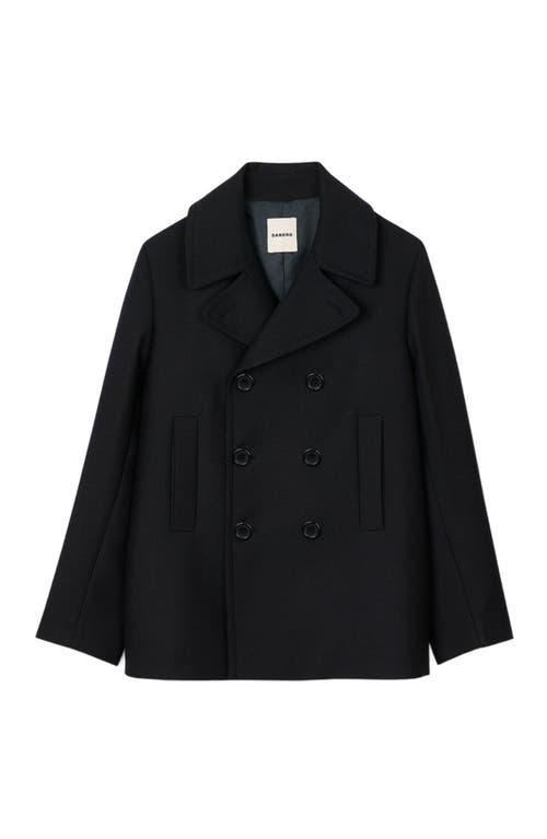 Sandro Wool Blend Pea Jacket In Navy Blue