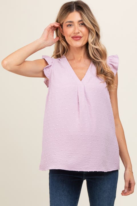 Swiss Dot Flutter Sleeve V-Neck Top