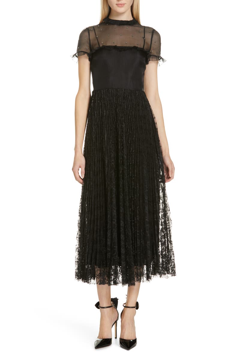 Studded Yoke Lace Skirt Maxi Dress, Main, color, NERO