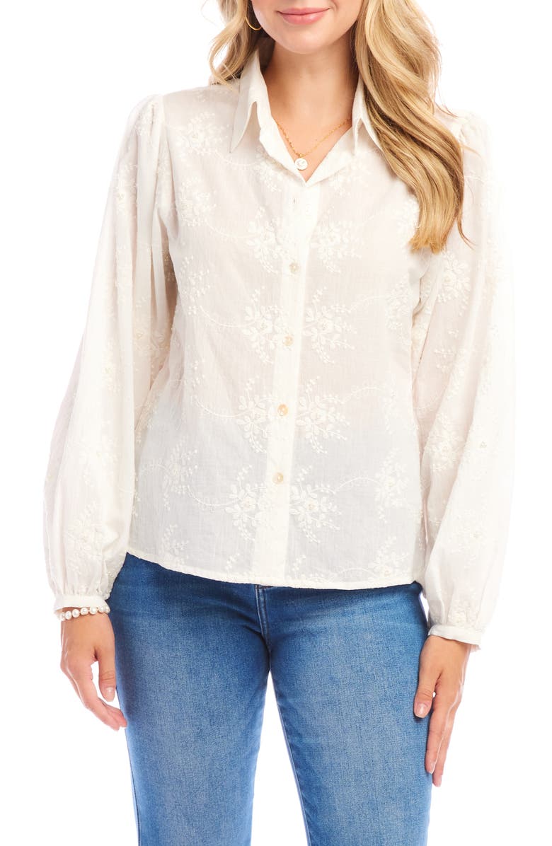 Karen Kane Embroidered Puff Sleeve Button-Up Shirt, Main, color, Cream