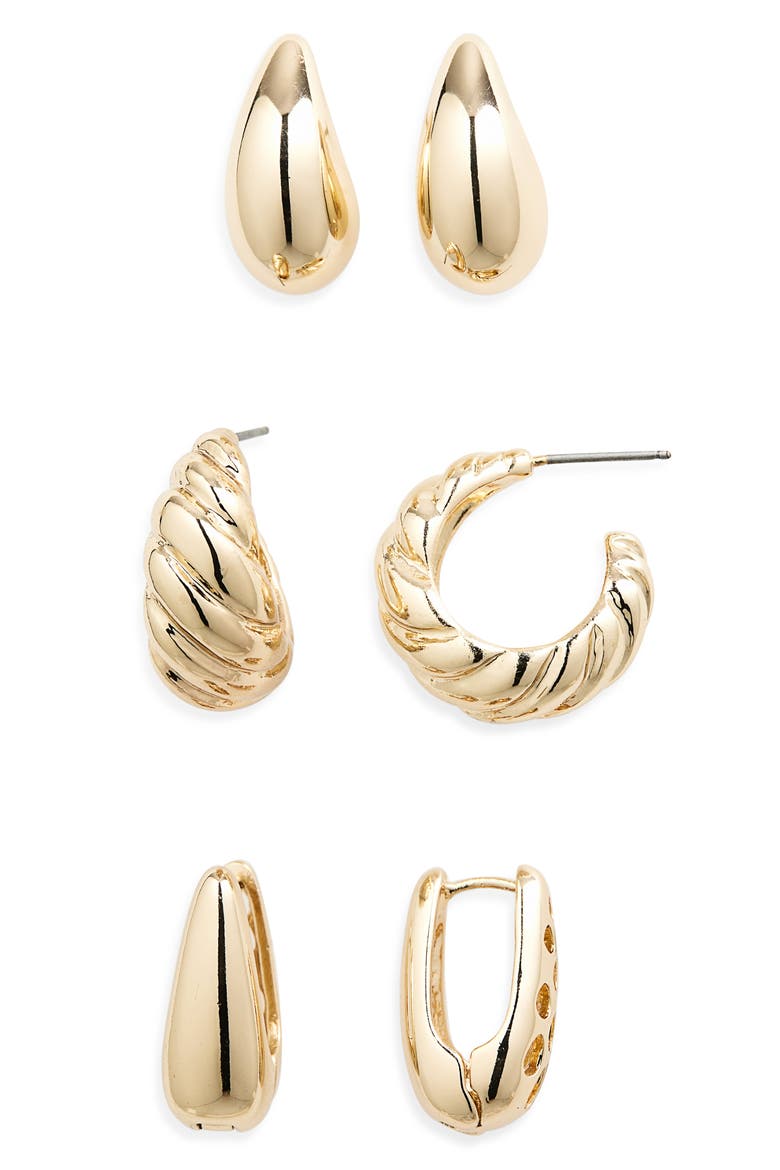 Set of 3 Hoop Earrings, Main, color, GOLD