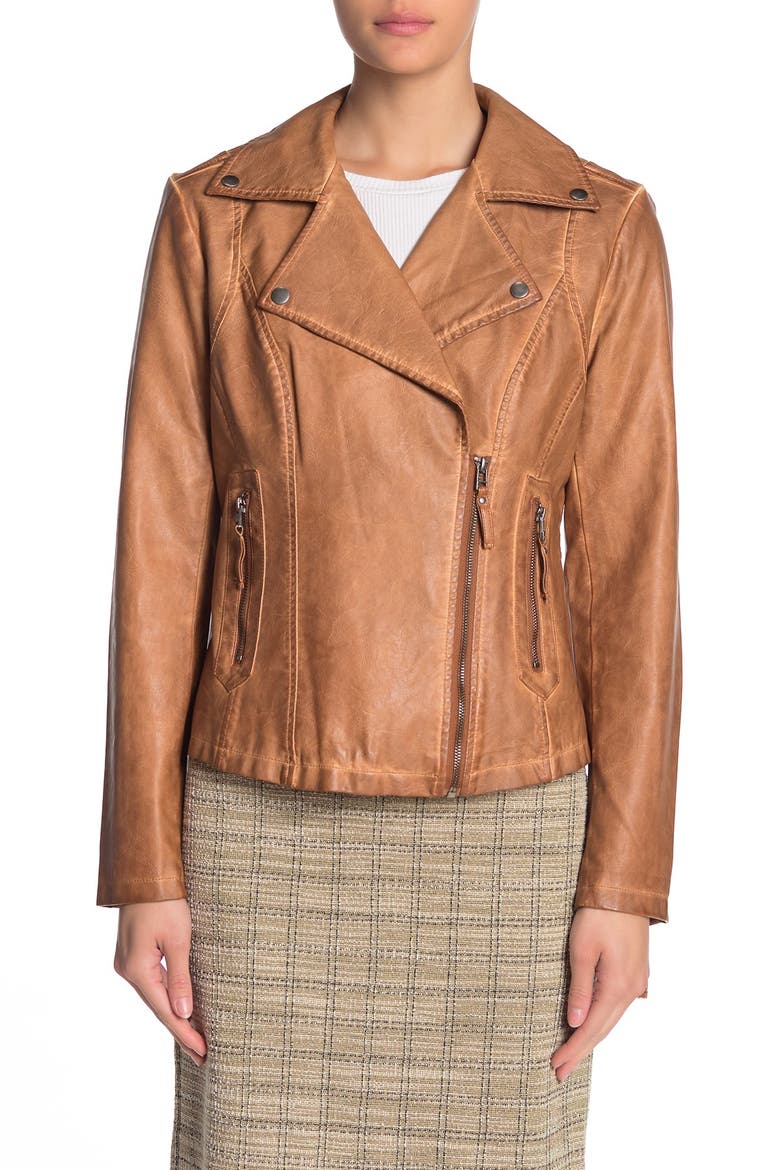 MAXSTUDIO Washed Faux Leather Moto Jacket, Alternate, color, COGNAC