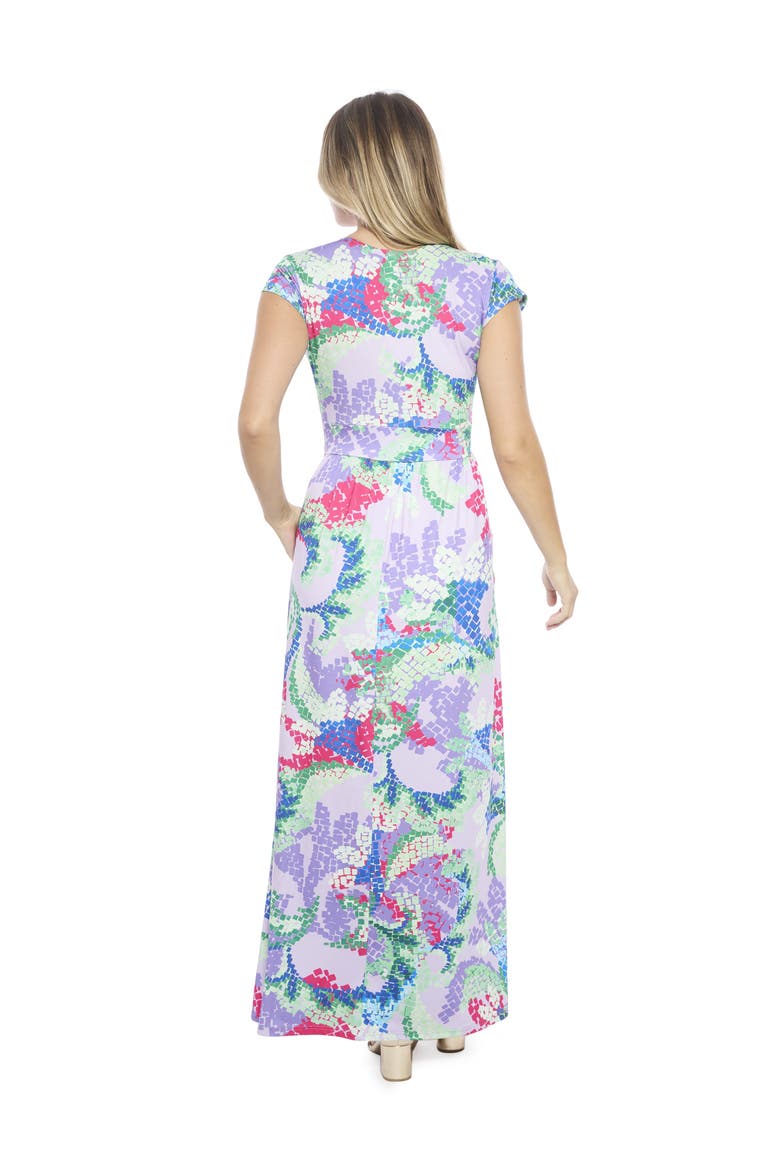Womens Abstract V-Neck Cap Sleeve Side Slit Pocket A-Line Maxi Dress, Alternate, color, Purple Multi