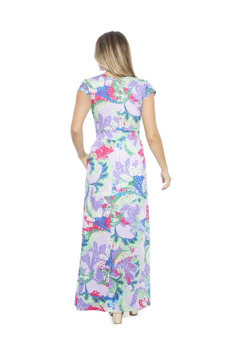 24seven Comfort Apparel Womens Abstract V-Neck Cap Sleeve Side Slit Pocket A-Line Maxi Dress, Alternate, color, Purple Multi