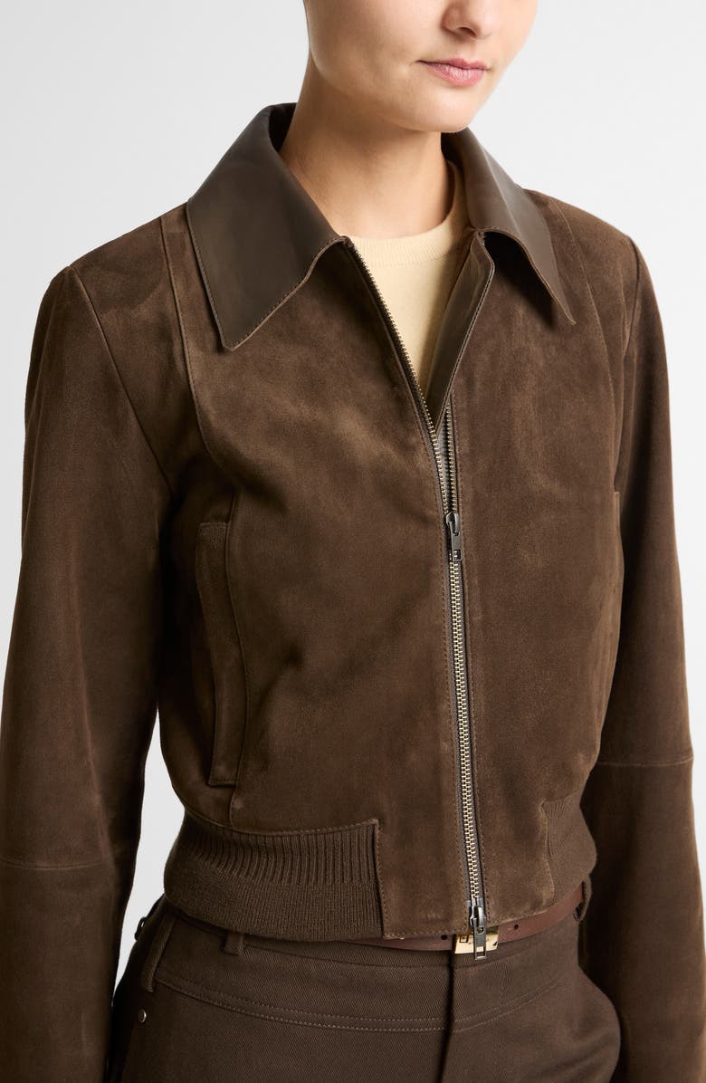 Vince Shrunken Suede Bomber Jacket, Main, color, Willow