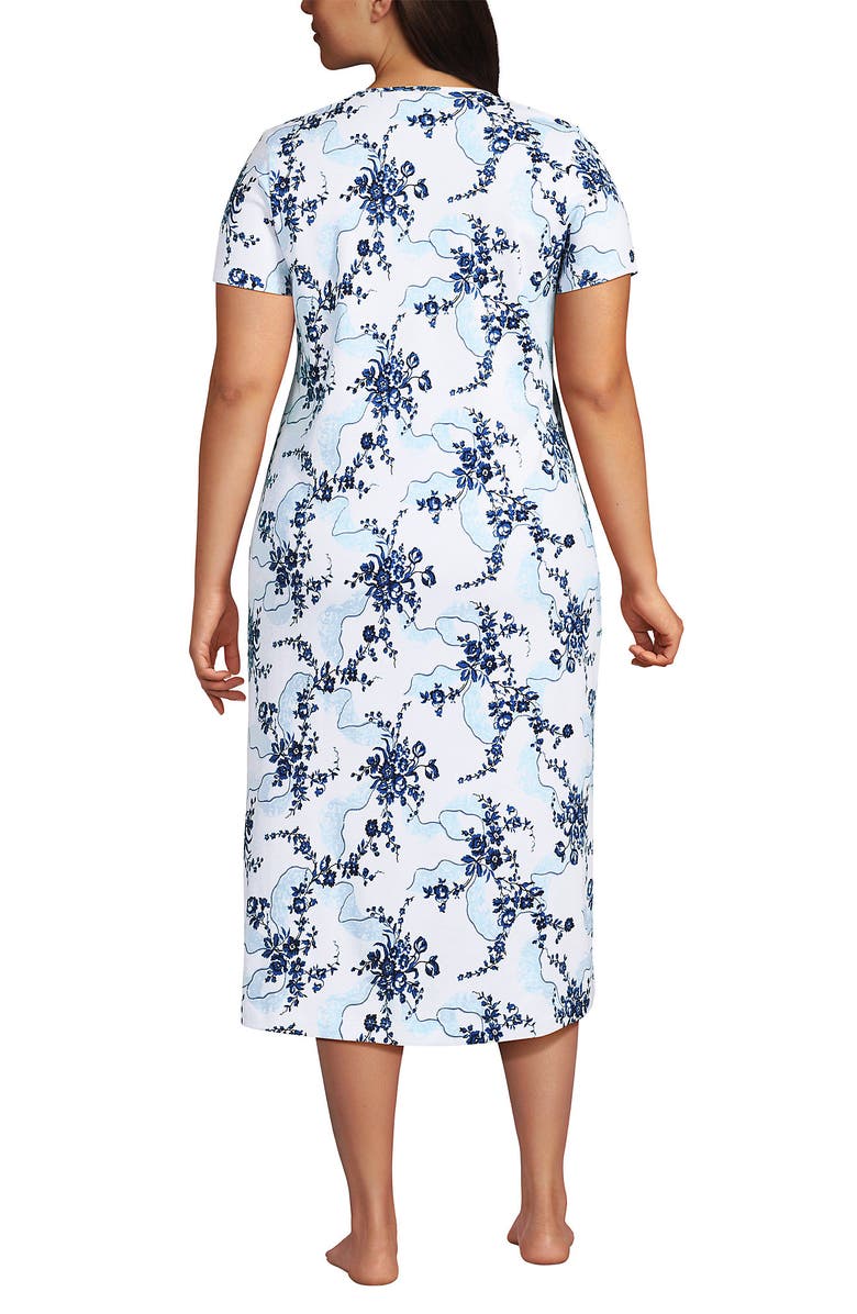 Lands' End Cotton Short Sleeve Midcalf Nightgown, Alternate, color, White/Muted Cobalt Lace Floral
